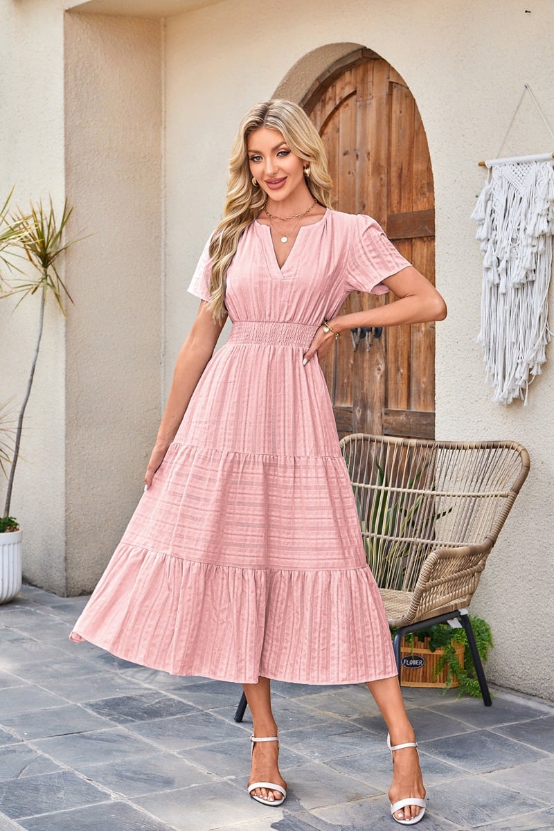 Midi Maxi Dresses Lightweight Short Sleeve V Neck Elastic Waist Boho Beach Dress Pockets