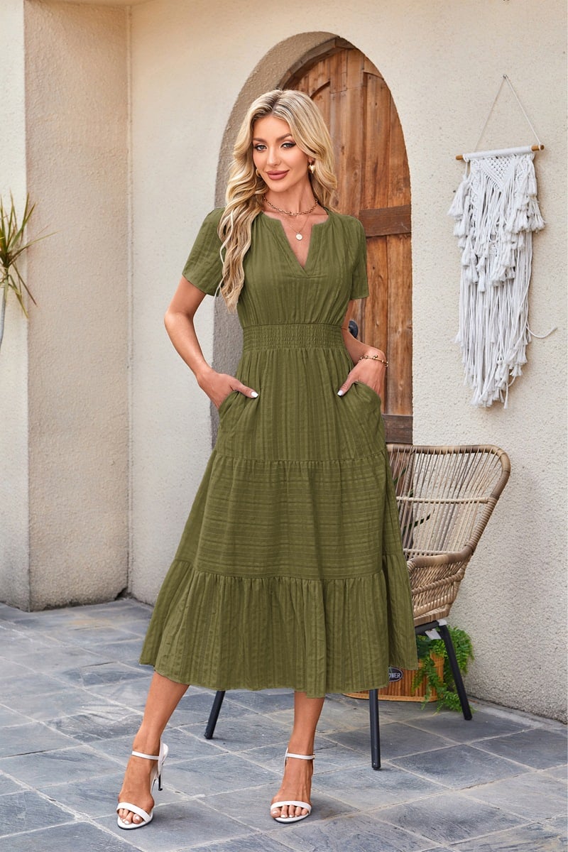Midi Maxi Dresses Lightweight Short Sleeve V Neck Elastic Waist Boho Beach Dress Pockets