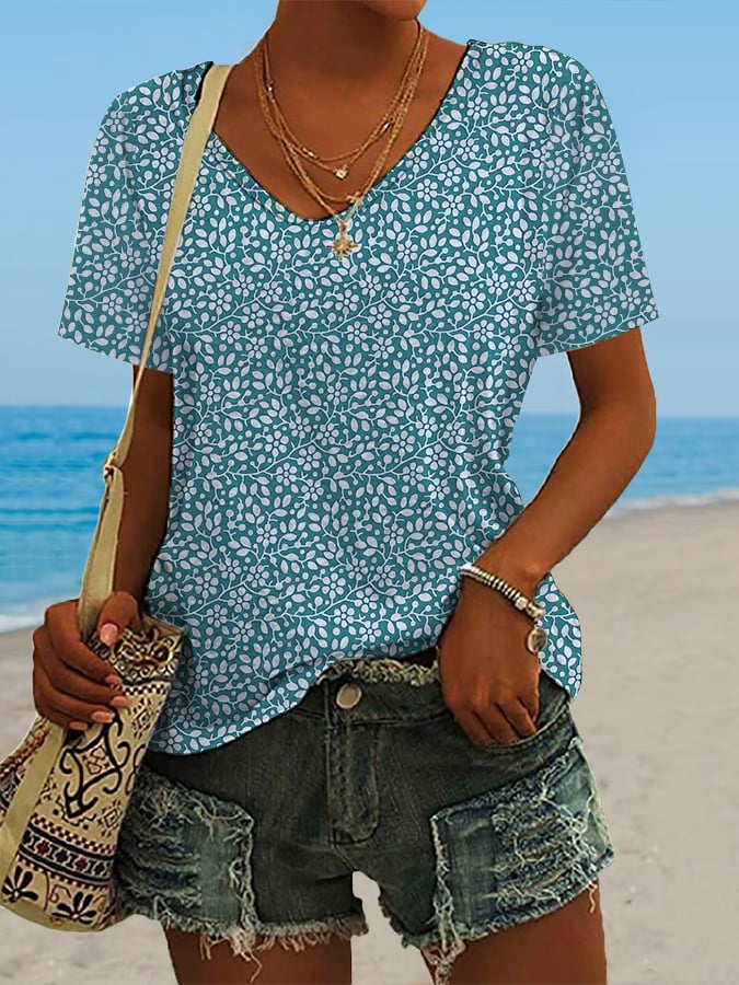  Best Match Women's Hawaiian Vacation Print Casual V-Neck T-Shirt