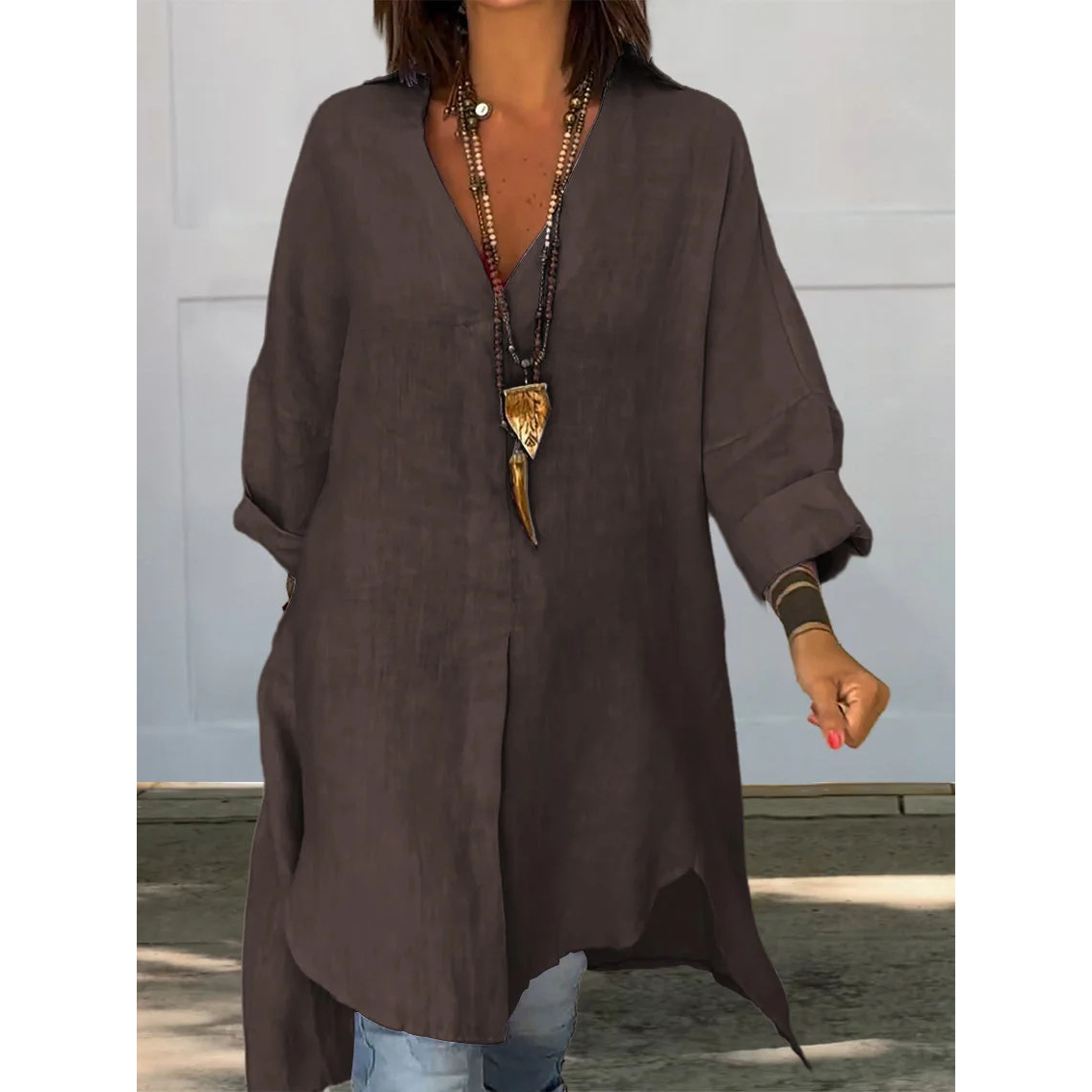 Summer ladies casual cotton linen split loose shirt dress