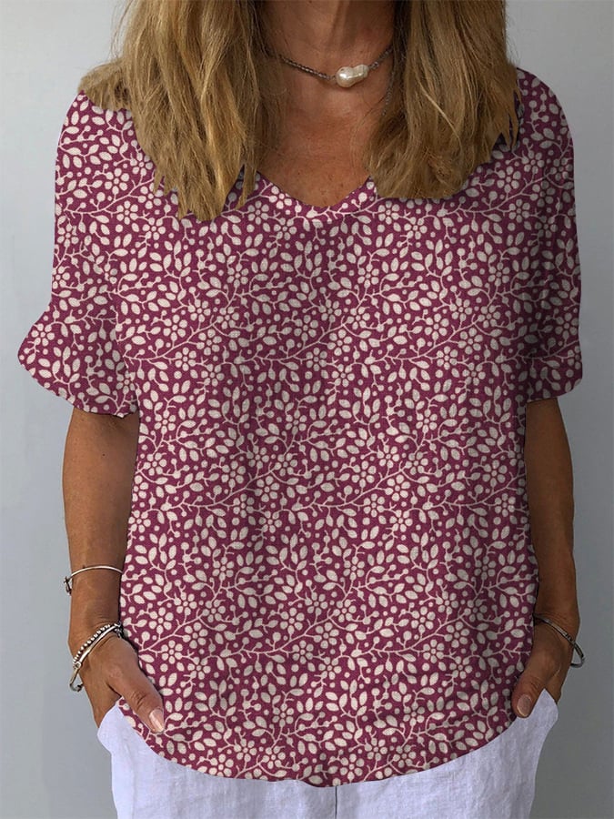  Best Match Women's Retro Floral Casual V-Neck Cotton And Linen Top
