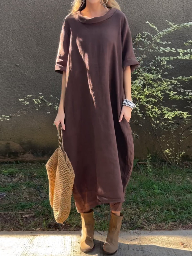 Women's casual solid color cotton and linen dress
