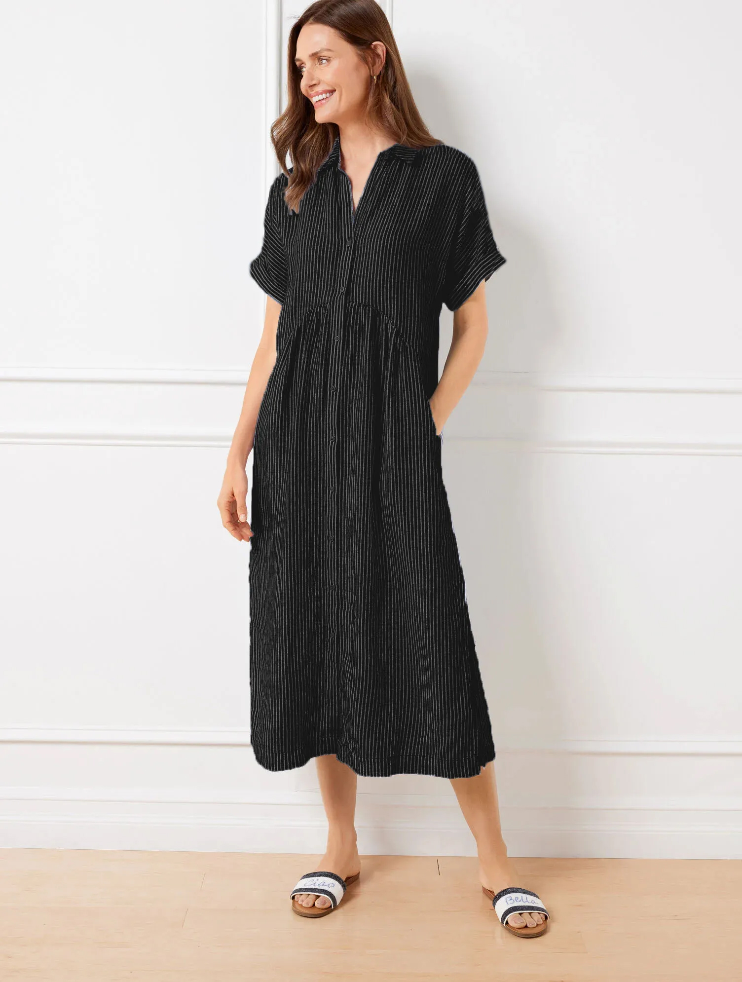 NEW🔥Drop Waist Linen Shirtdress - Happy Stripe