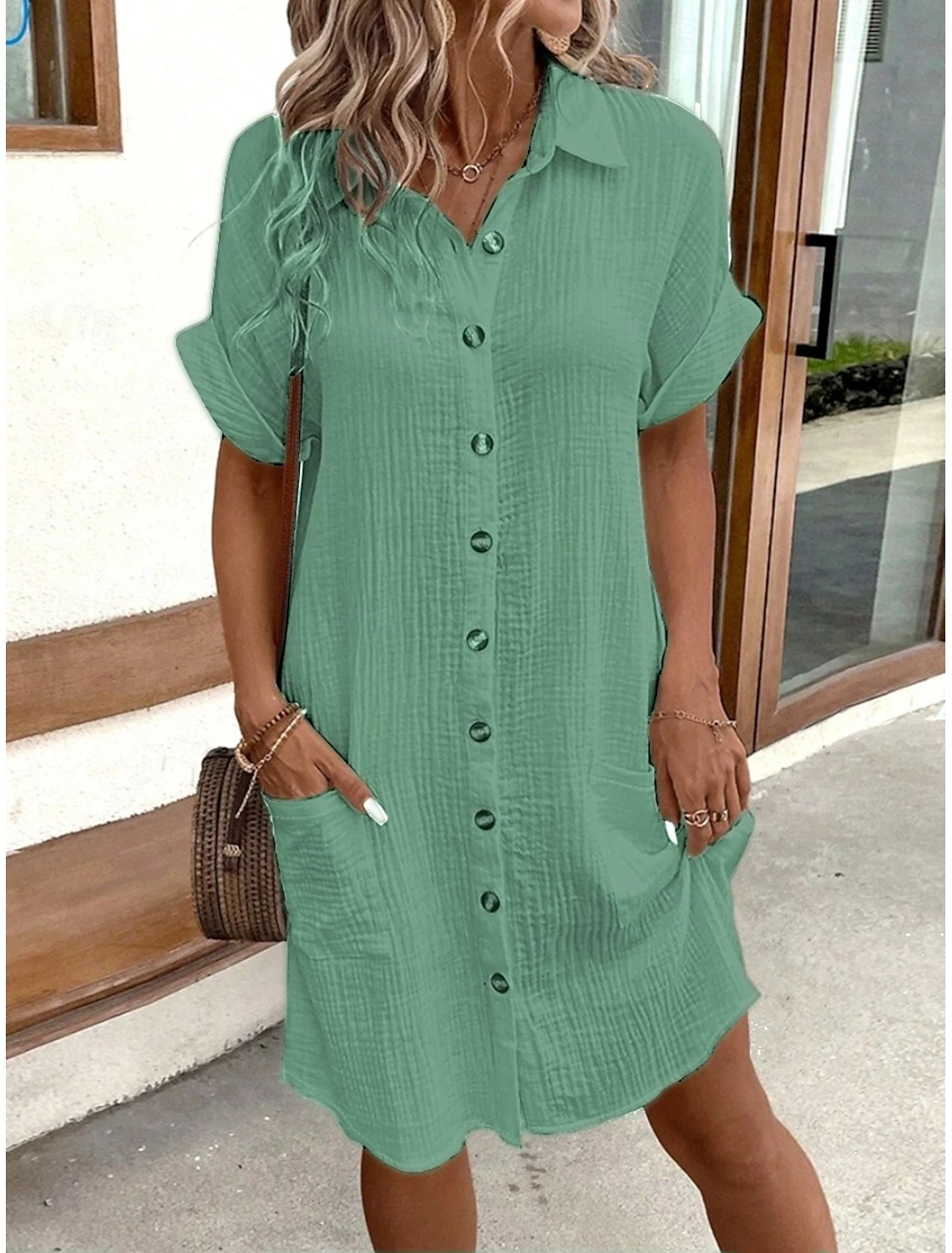 Women’s Cotton-Linen V‑Neck Mini Dress – Casual Fit