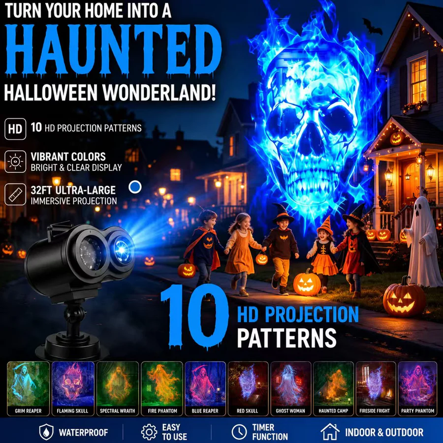 🔥👻 2026 Upgraded Halloween Projector Lamp, 32FT Large Screen HD Projection Light, Indoor Outdoor Spooky Halloween Wall Decor for Yard, Window & Party Decoration