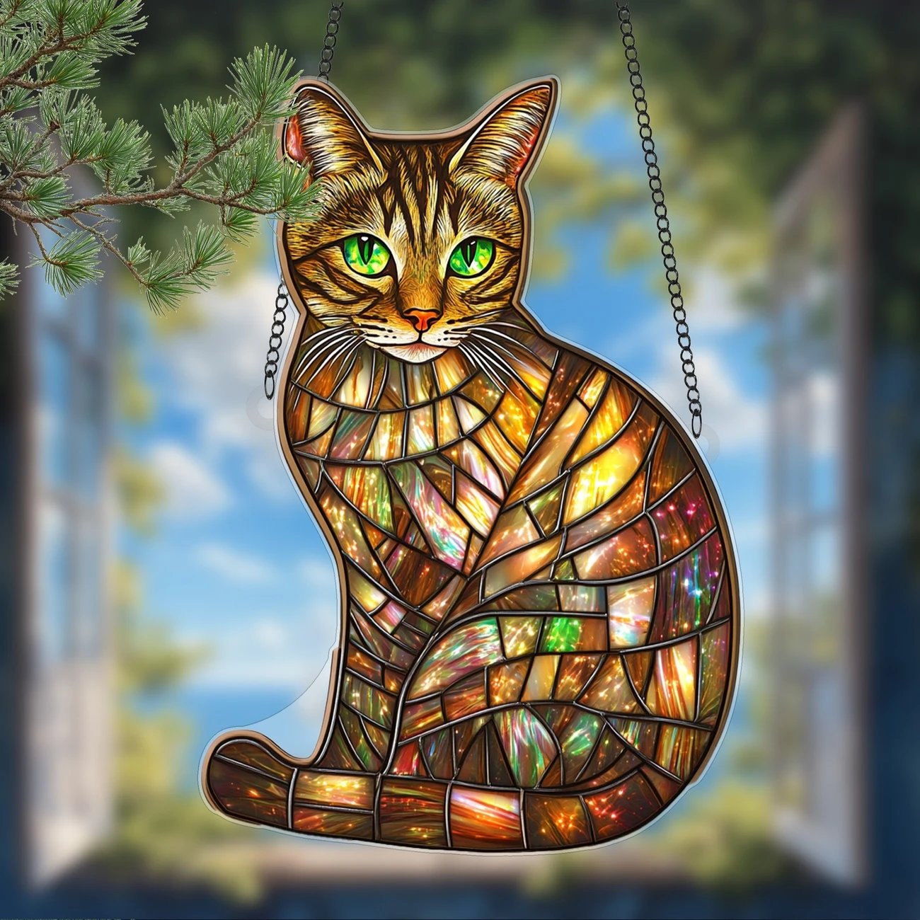 🐾✨ Mystic Tabby Stained Art Ornament (8 inches)