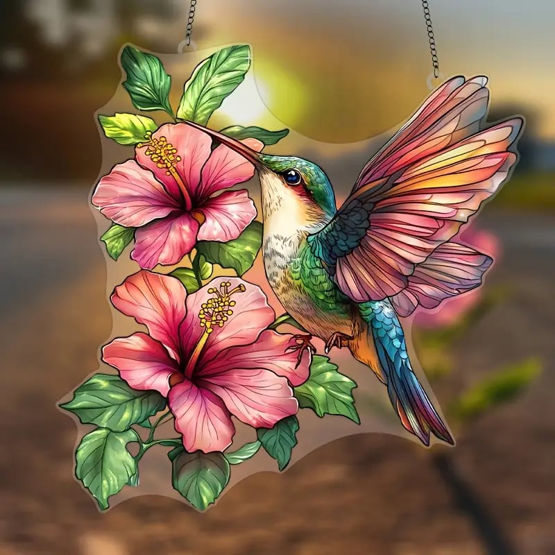 🌸🐦Hibiscus Hummingbird Stained Art Ornament (8 inches)