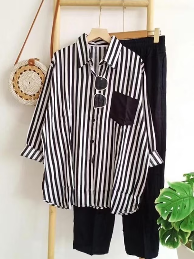 Women's Loungewear Sets 2 Pieces Long Sleeve Lapel Stripe Shirt and Wide Leg Pure Color Pants Simple Basic Casual Home Daily Going out Polyester Summer Spring Black Yellow