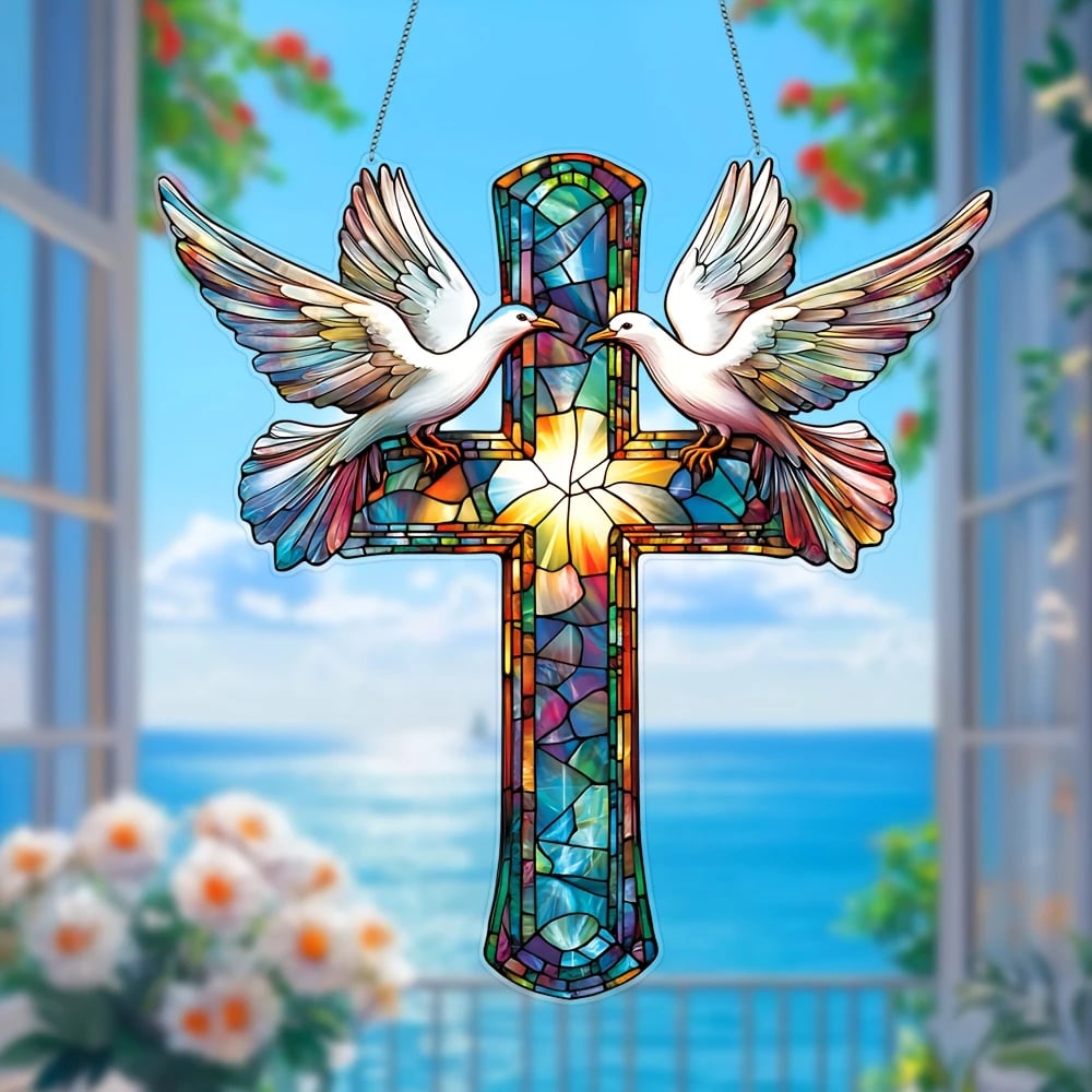 🕊️✨Cross & Doves Stained Art Ornament (8 inches)