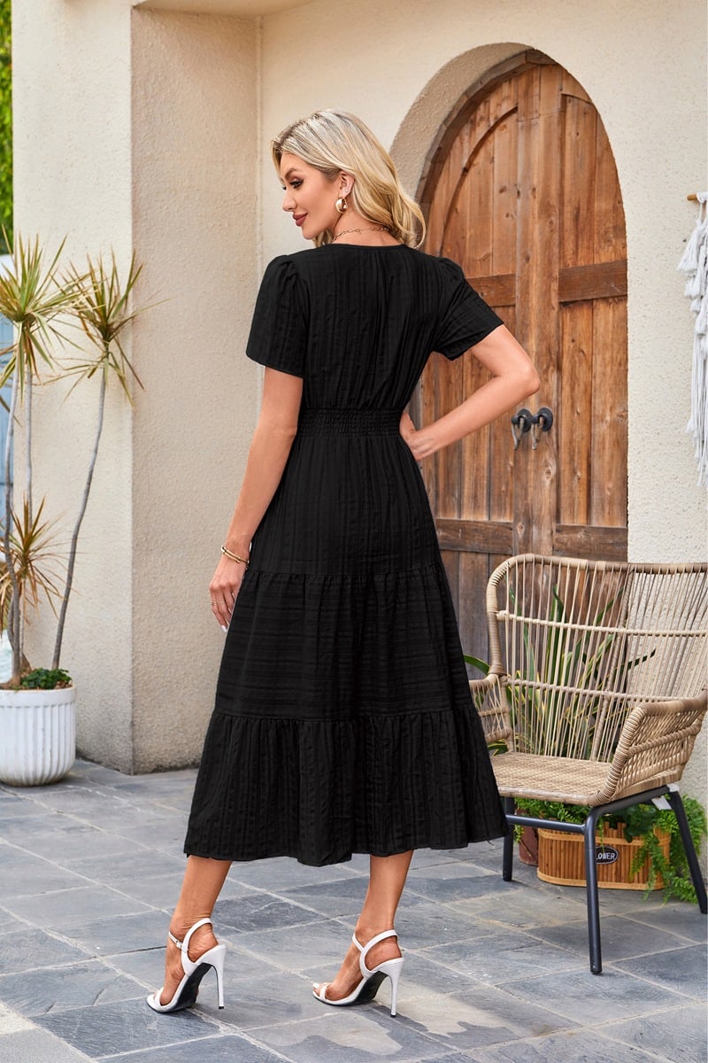 Midi Maxi Dresses Lightweight Short Sleeve V Neck Elastic Waist Boho Beach Dress Pockets