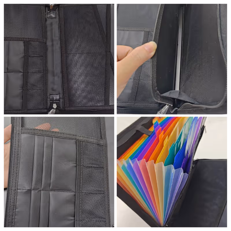 Document organizer interior with accordion pockets passport slots card slots USB slots and zippered pouch