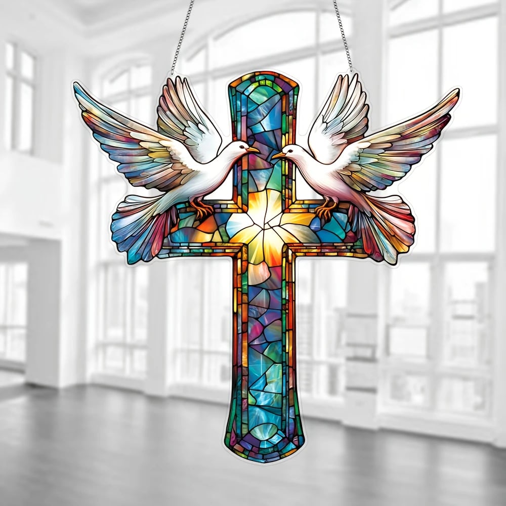 🕊️✨Cross & Doves Stained Art Ornament (8 inches)
