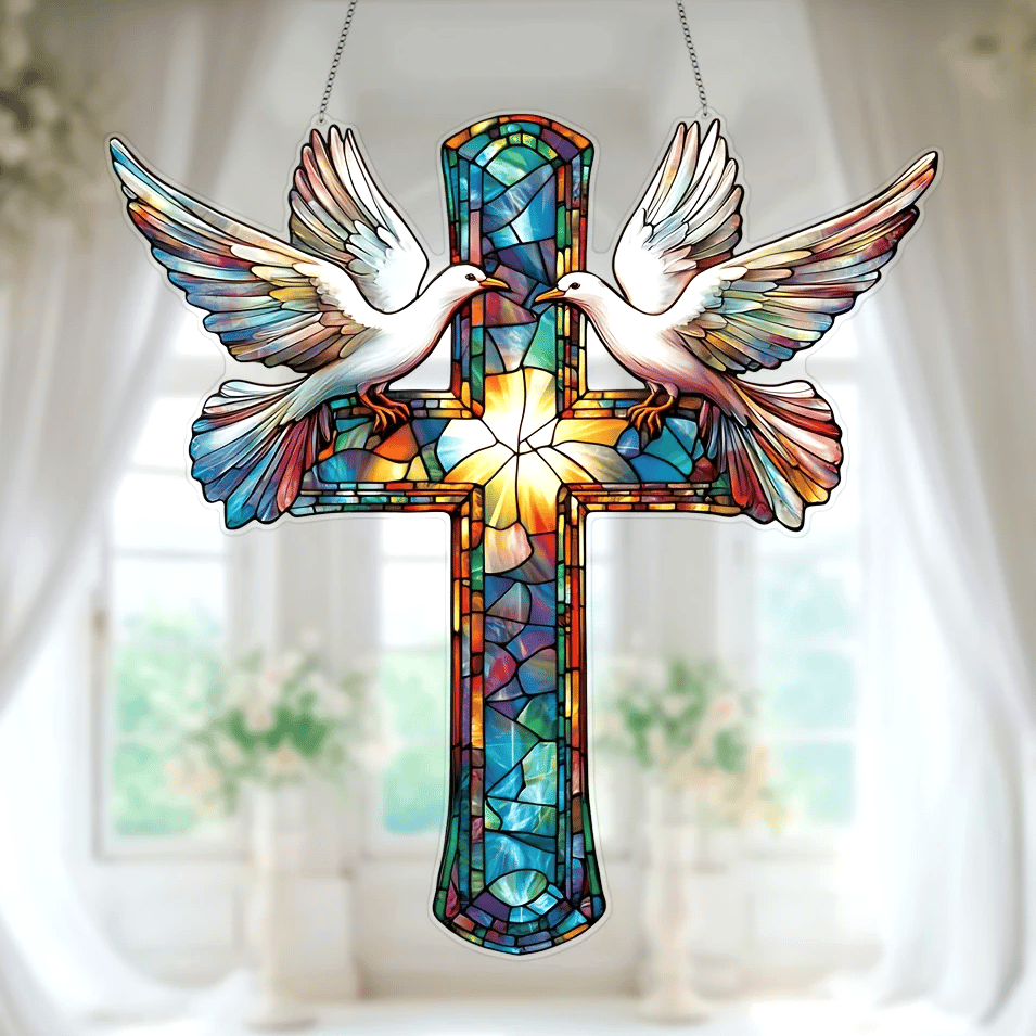 🕊️✨Cross & Doves Stained Art Ornament (8 inches)