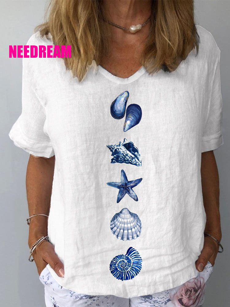 Women's Watercolor Seashell Pattern Pattern Print Cotton And Linen Top