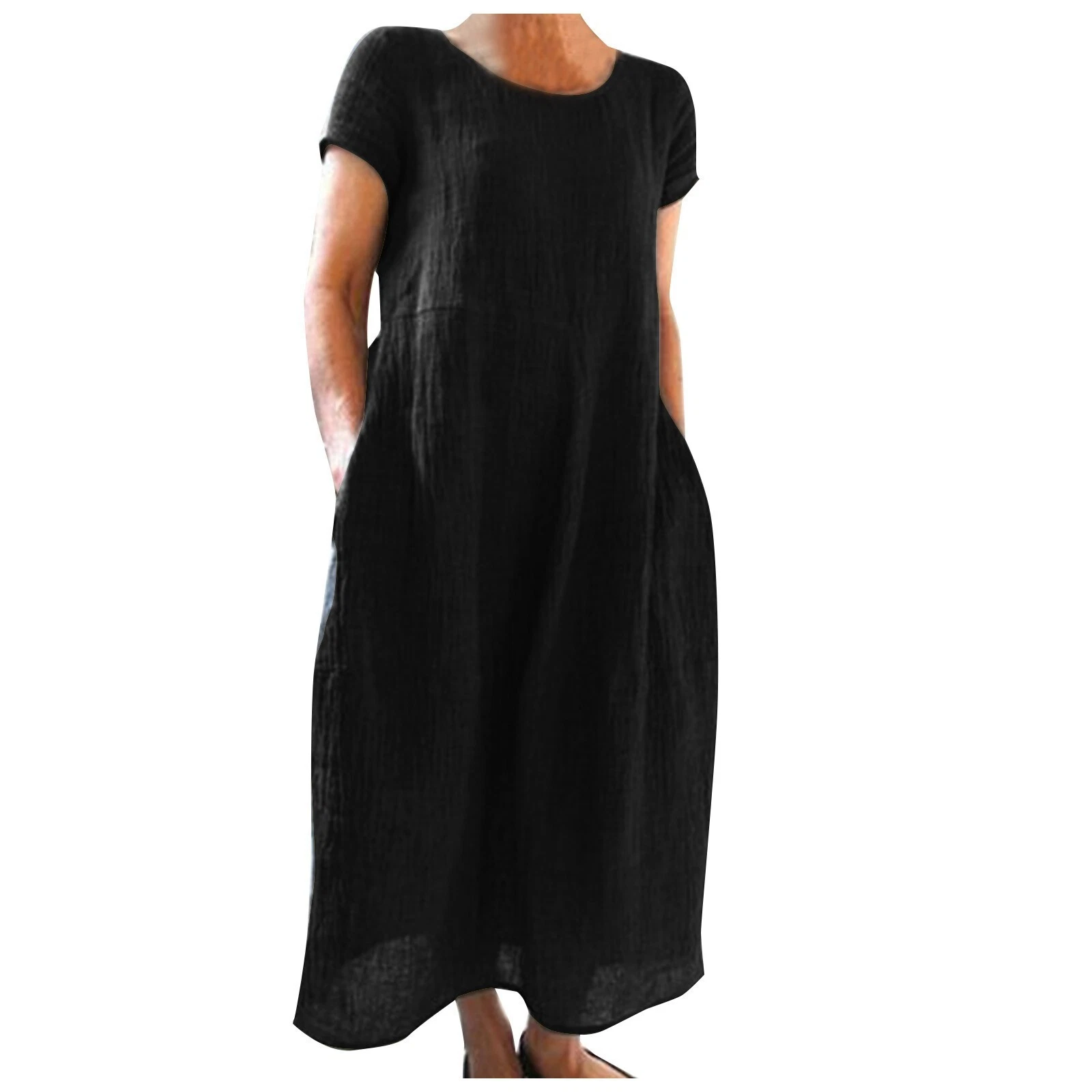 Casual Women's Short Sleeve Holiday Linen Cotton Long Loose Dress PLUS SIZE
