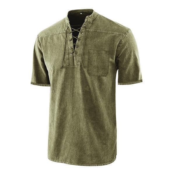 Men Gothic Retro T Shirt Lace-up V-neck Linen Pocket Short Sleeve Tee Shirt Loose Tops