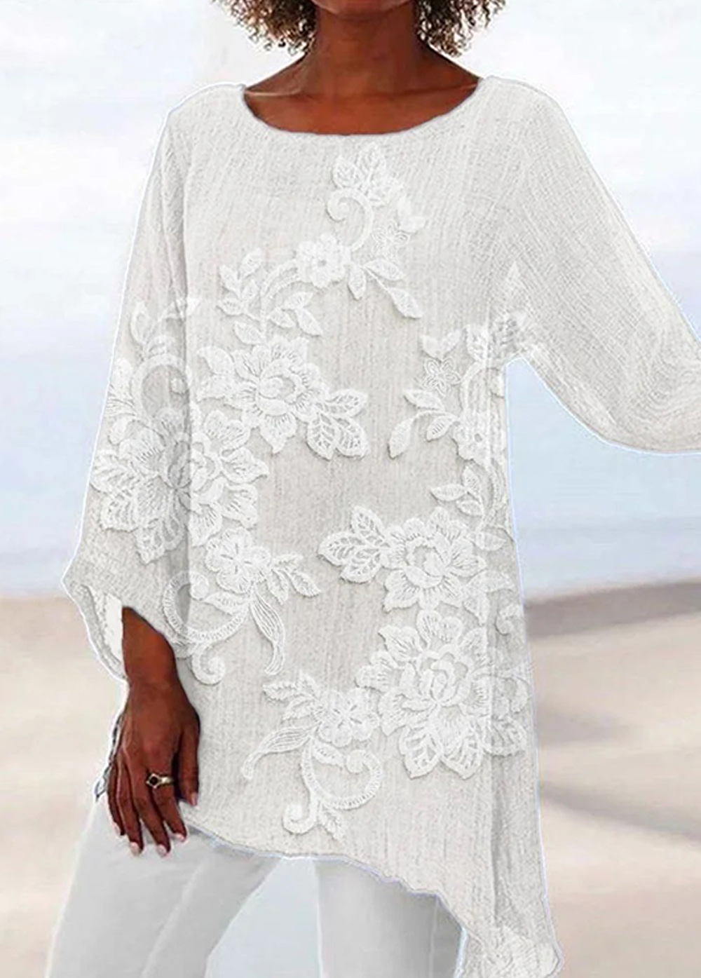 Vintage Floral Lace Embroidered Flowy Tunic Long Sleeve Shirt