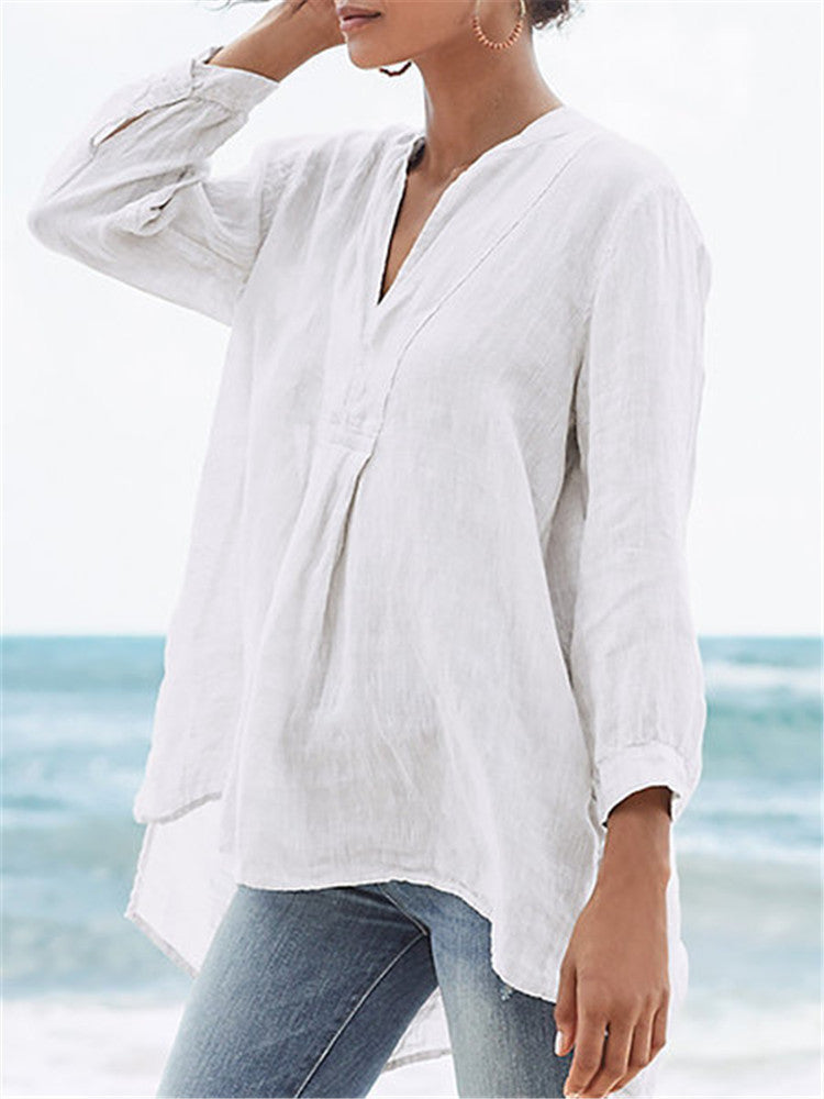 Fashion Linen Solid Color Loose Shirt - S/5XL