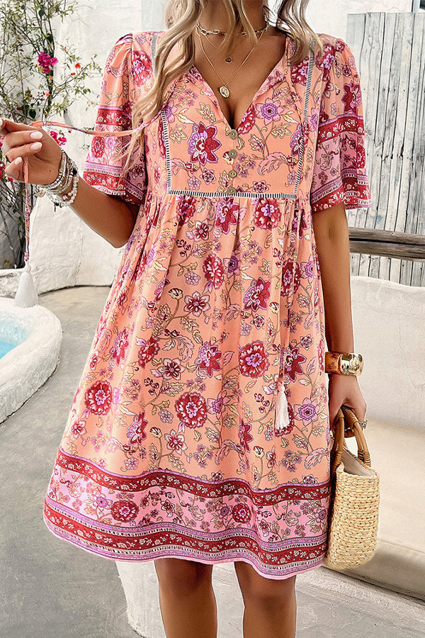 V Neck Floral Print Short Sleeve Mini Dress