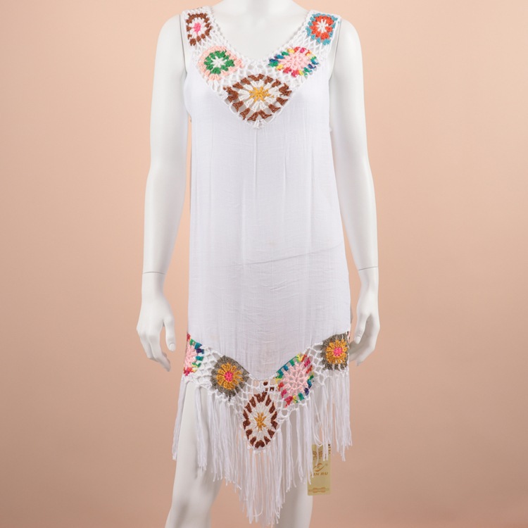 V Neck Asymmetrical Crochet Trim Tassel Cover Up