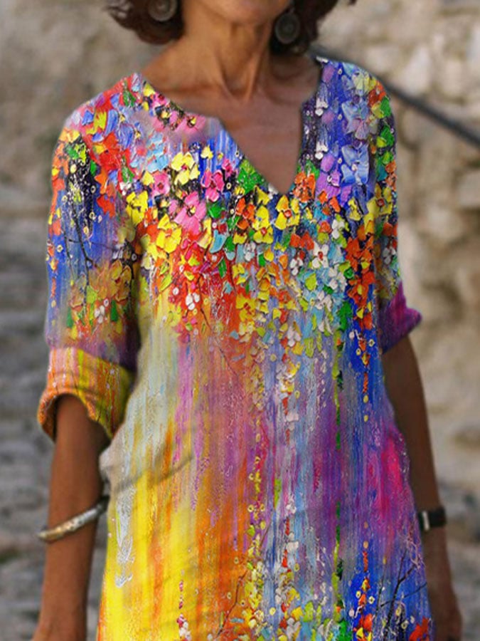 Buy 3 Get 15% Off V Neck Vintage Flower Oil Painting Gradient Print Dress