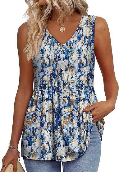Women Dressy Sleeveless V Neck Babydoll Tank Tops