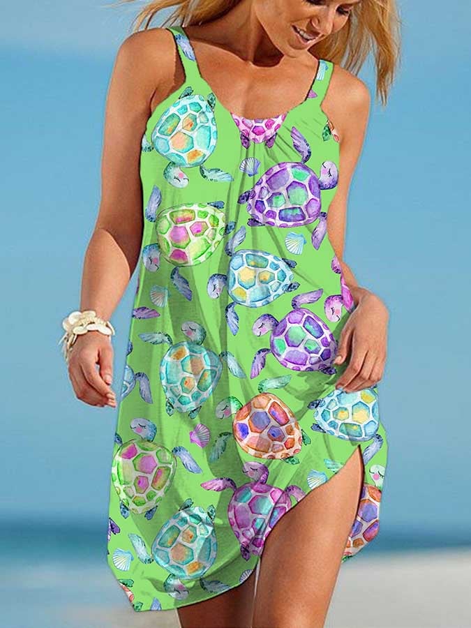  Buy 3 Get 15% Off Vacation Watercolor Sea Turtle Print Slip Dress