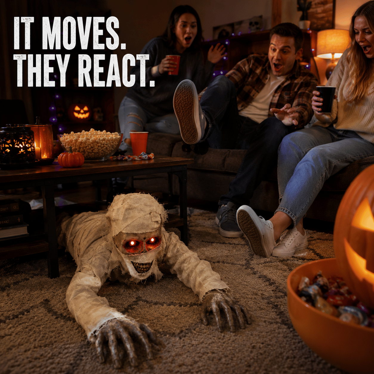 💀 Sound-Activated Animated Crawling Mummy with Glowing Red Eyes 