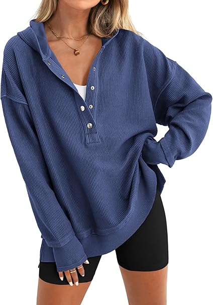 Womens Fashion Long Sleeve Hoodie Oversized Button Up V Neck Sweatshirt Side Slit Casual Pullover
