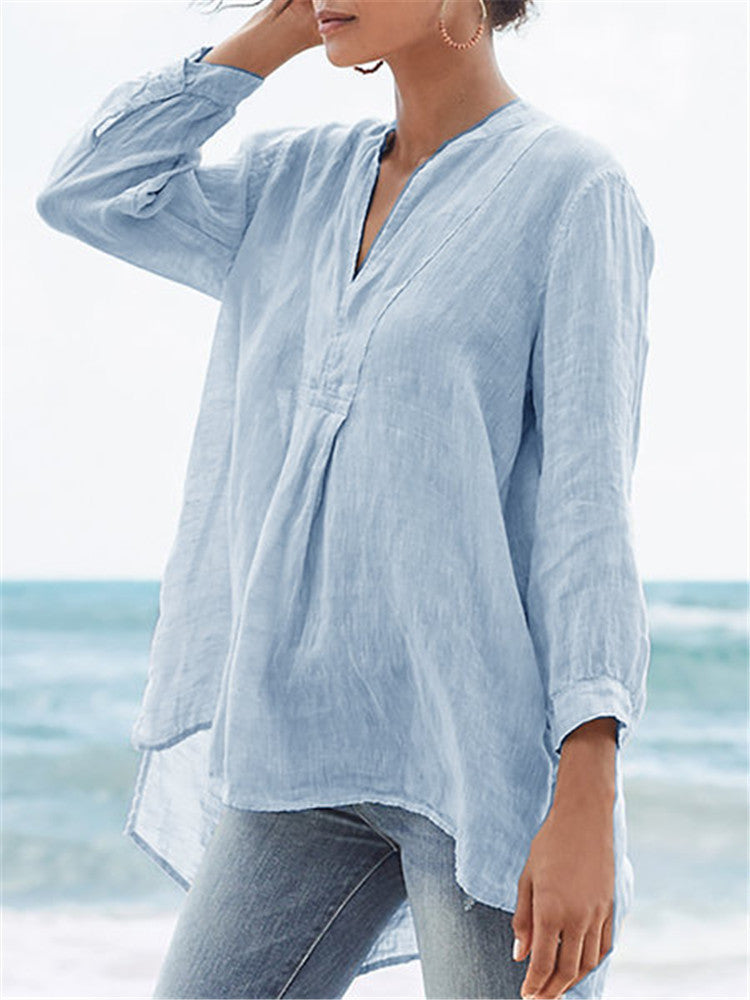 Fashion Linen Solid Color Loose Shirt - S/5XL