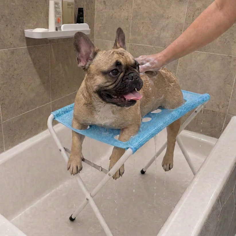 🔥 LAST DAY | 49% OFF! Foldable Pet Grooming Stand 🐾 Quick-Dry Mesh Bath Support with Fixed Straps