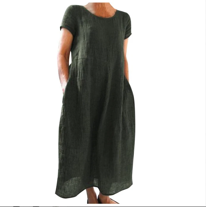 Casual Women's Short Sleeve Holiday Linen Cotton Long Loose Dress PLUS SIZE