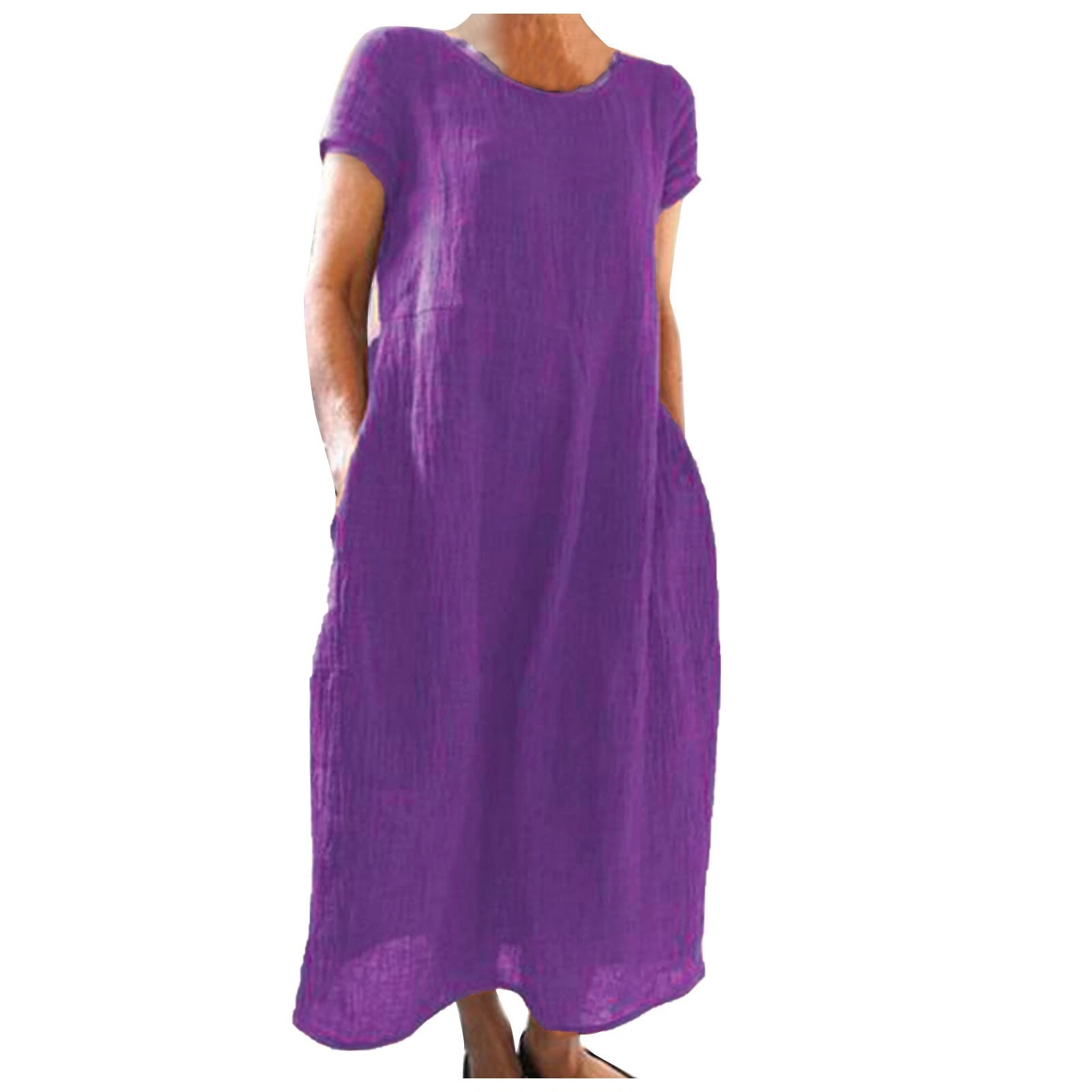 Casual Women's Short Sleeve Holiday Linen Cotton Long Loose Dress PLUS SIZE