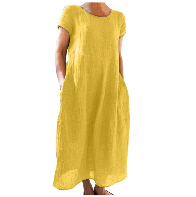 Casual Women's Short Sleeve Holiday Linen Cotton Long Loose Dress PLUS SIZE
