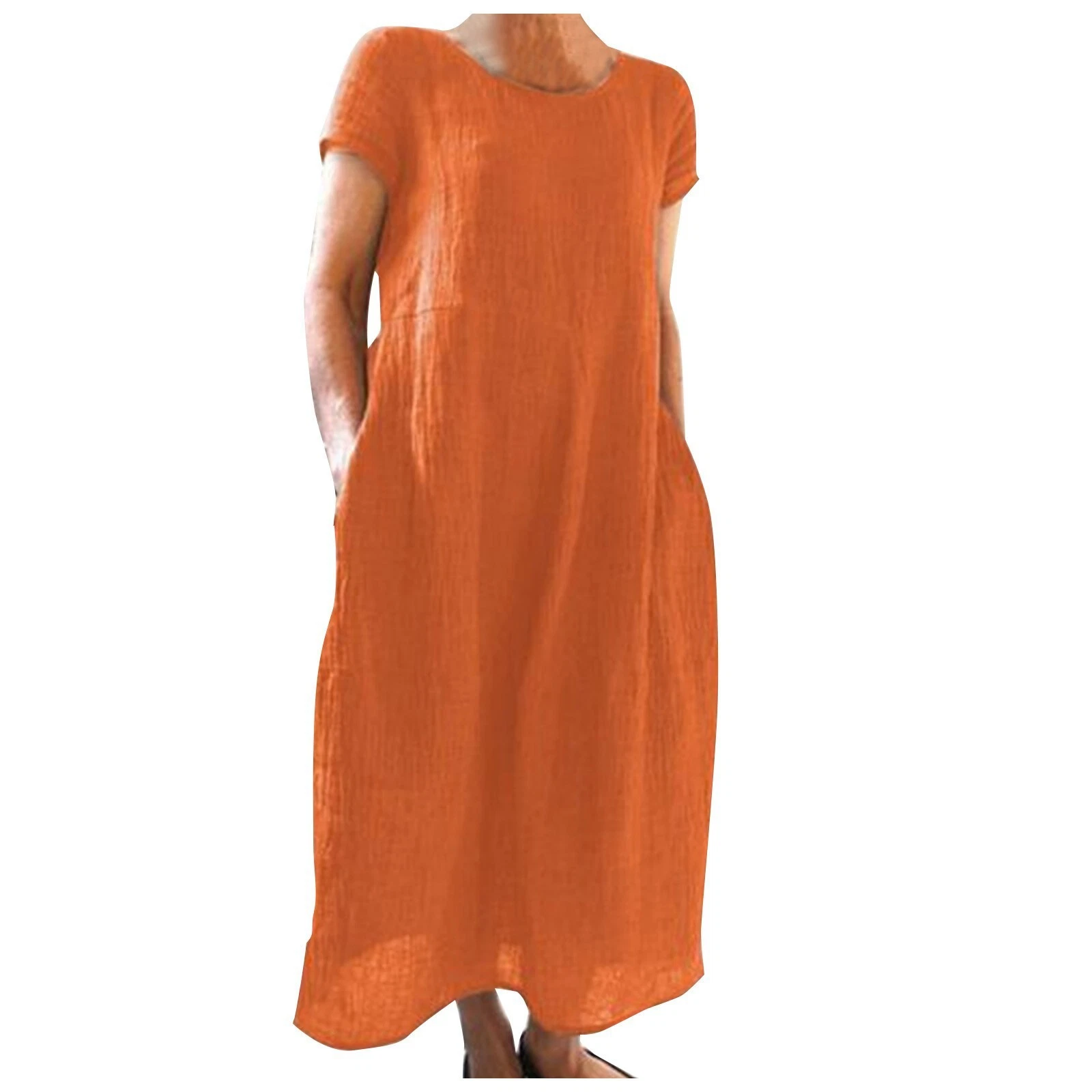 Casual Women's Short Sleeve Holiday Linen Cotton Long Loose Dress PLUS SIZE
