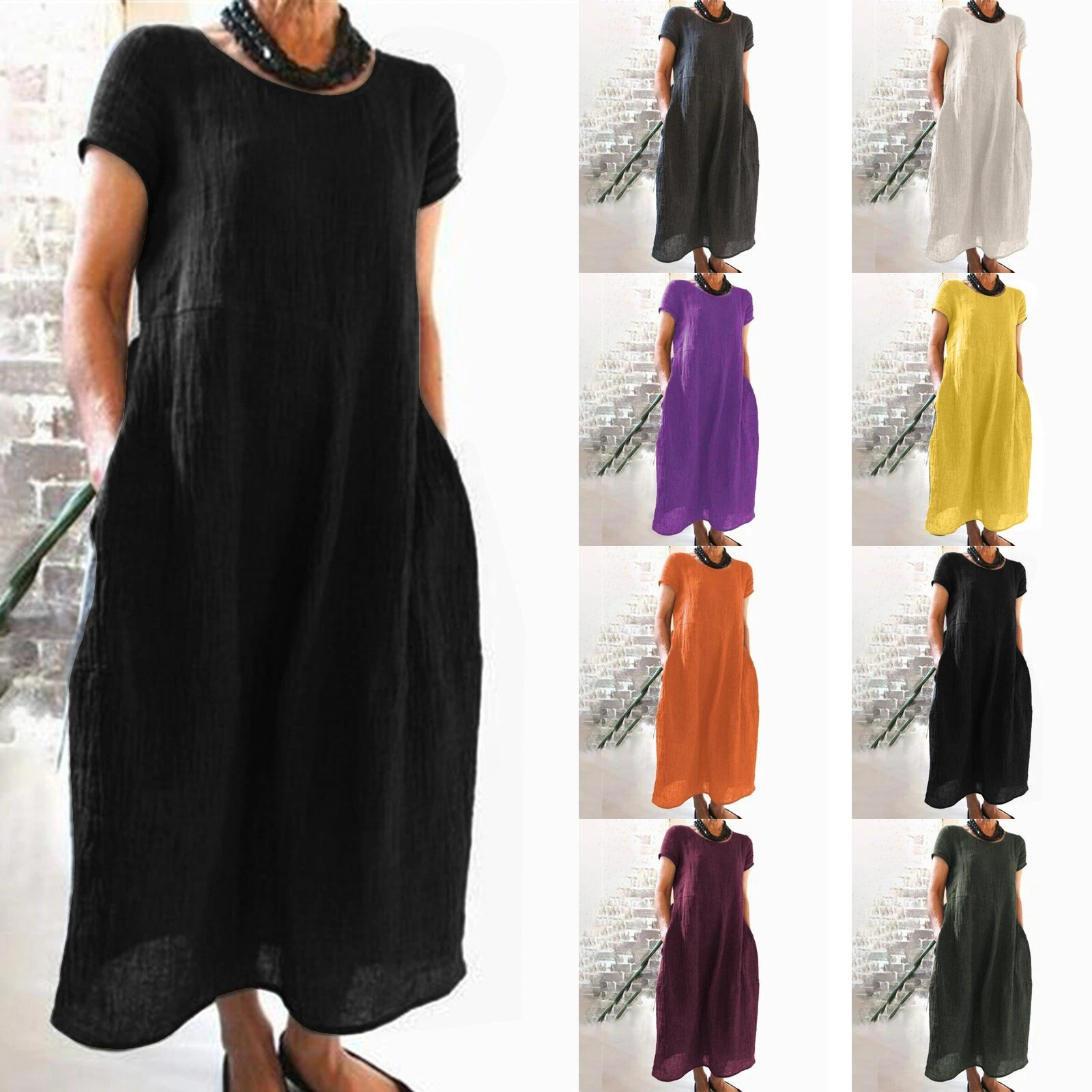 Casual Women's Short Sleeve Holiday Linen Cotton Long Loose Dress PLUS SIZE