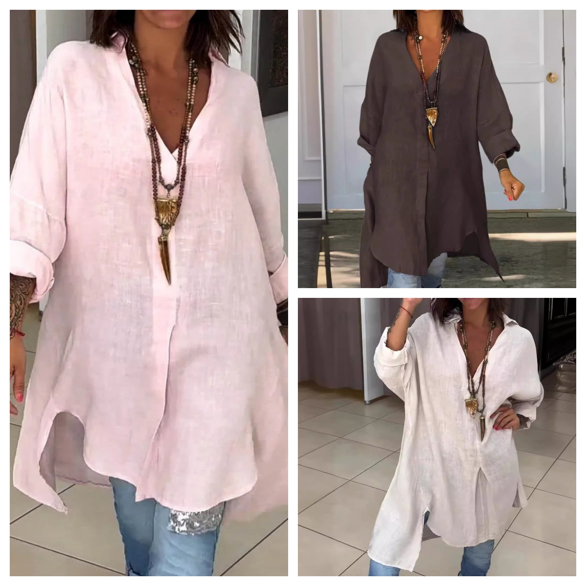 Summer ladies casual cotton linen split loose shirt dress