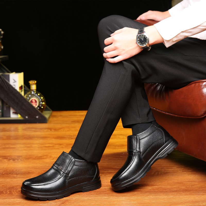 Men's cotton shoes leather middle-aged and elderly men's shoes thickened non-slip pure wool inside