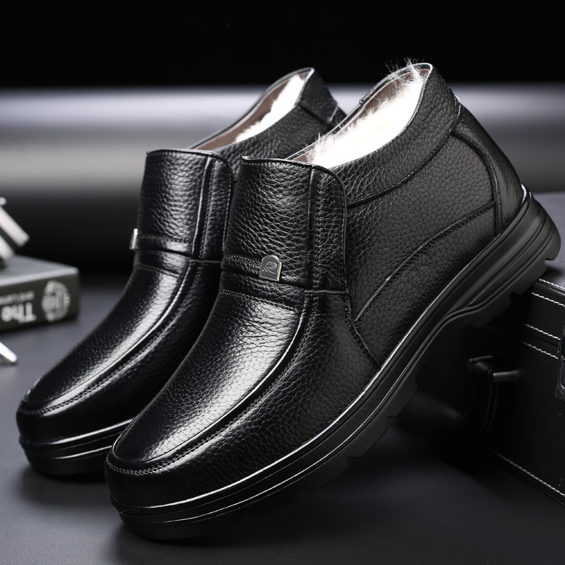 Men's cotton shoes leather middle-aged and elderly men's shoes thickened non-slip pure wool inside