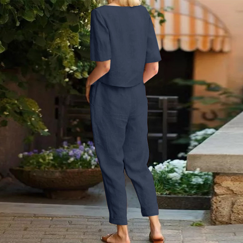 2025 new women's cotton and linen set half sleeve + wide leg pants