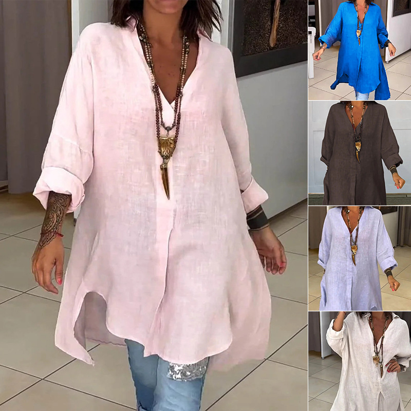 Summer ladies casual cotton linen split loose shirt dress