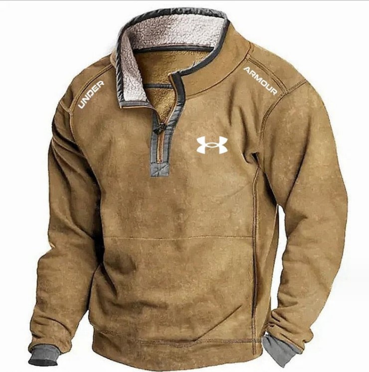 2025 Men's casual stand-up collar front zip plus fleece hoodie