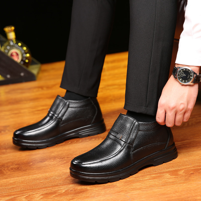 Men's cotton shoes leather middle-aged and elderly men's shoes thickened non-slip pure wool inside