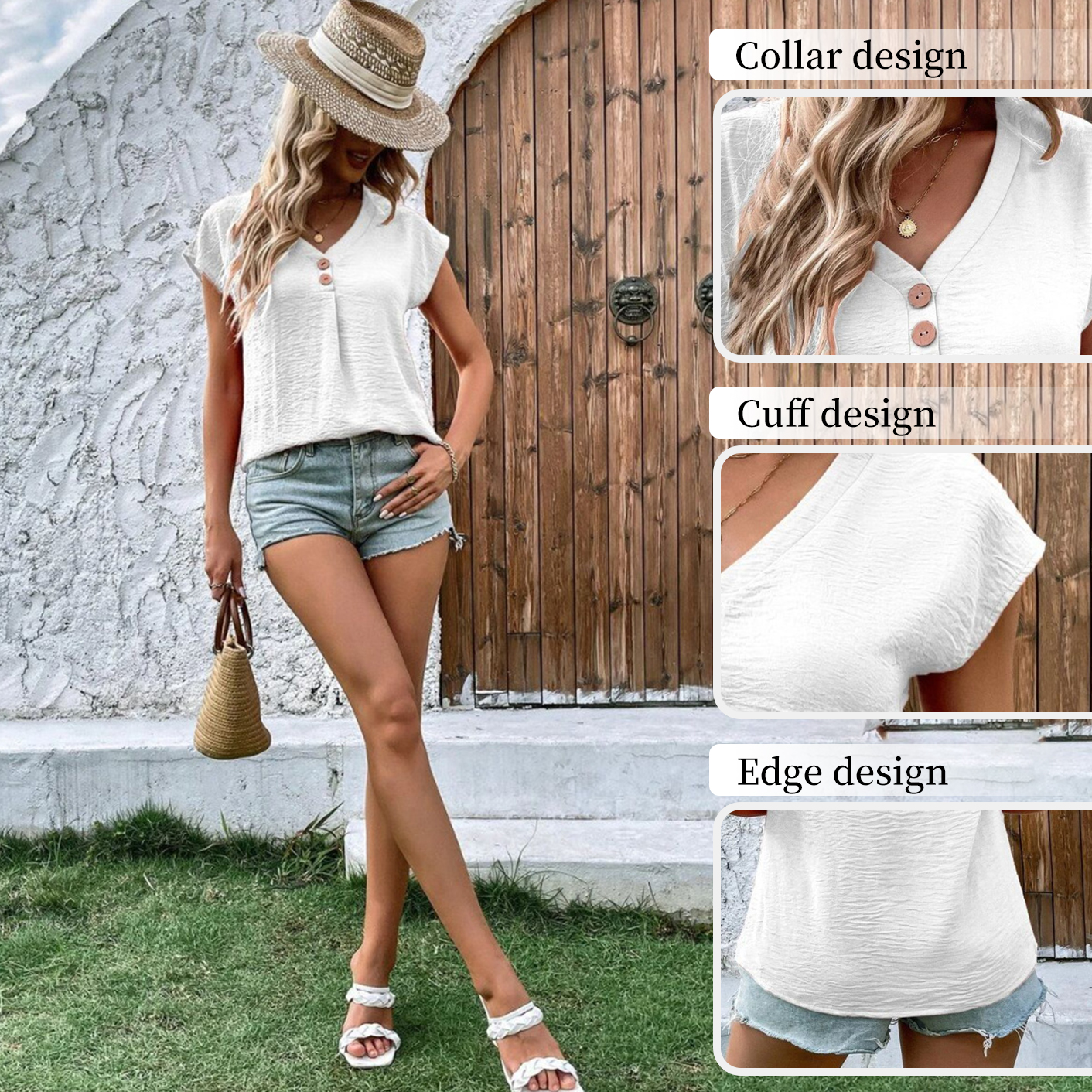 2025 new women's solid color twist button fashion short sleeve