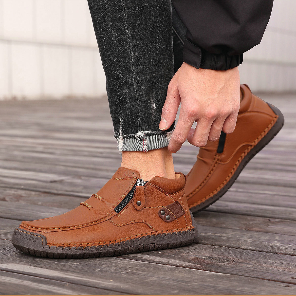 ⏰Limited Time Sale 50% OFF-Men’s Handmade Premium Leather Slip-On Driving Boots – Wide Toe, Arch Support