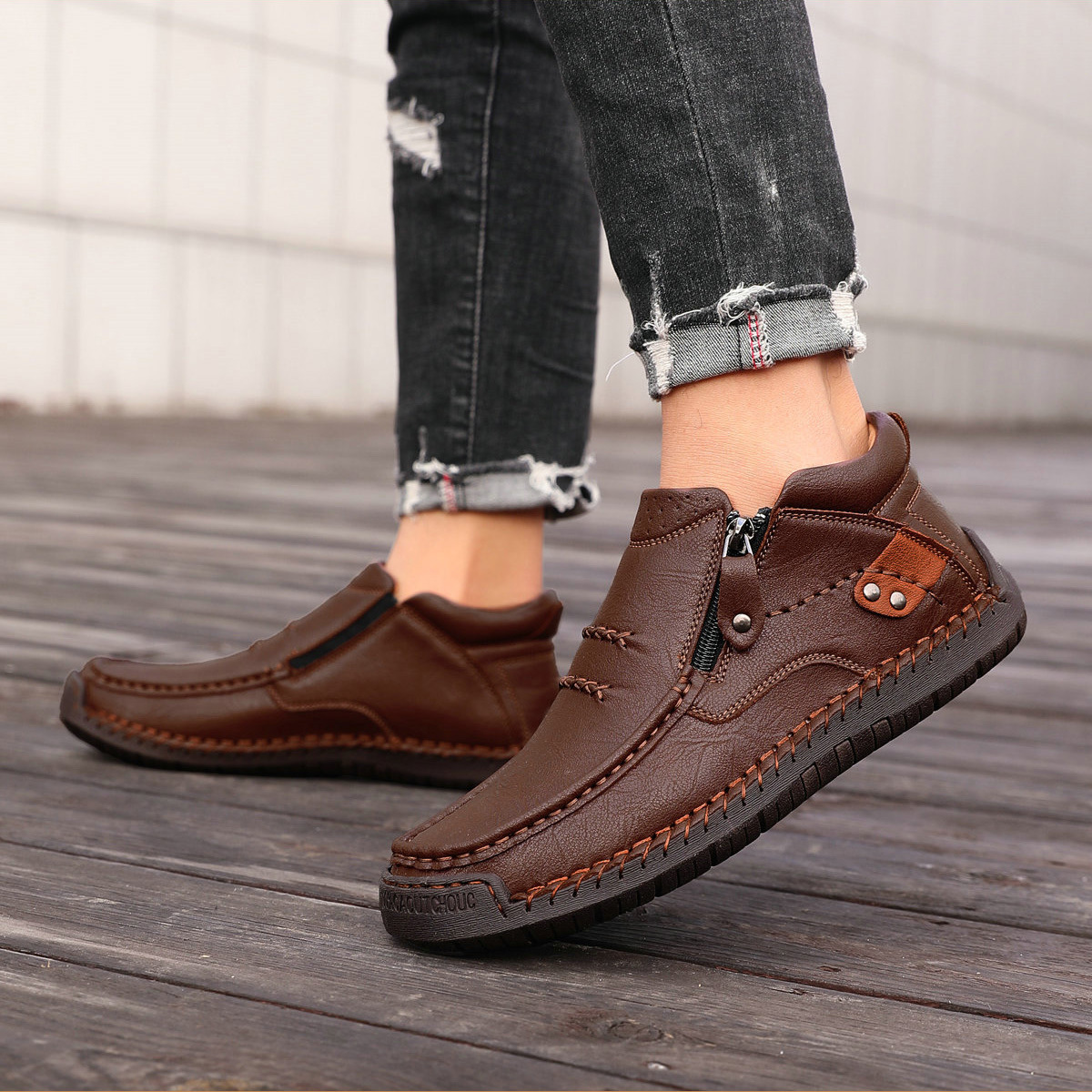 ⏰Limited Time Sale 50% OFF-Men’s Handmade Premium Leather Slip-On Driving Boots – Wide Toe, Arch Support