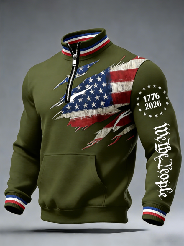 Men's 250th America Anniversary Casual Printed Stand Collar Zip Waffle Sweatshirt