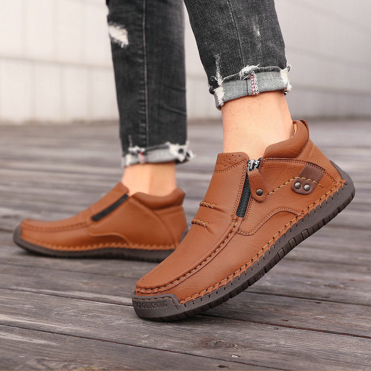 ⏰Limited Time Sale 50% OFF-Men’s Handmade Premium Leather Slip-On Driving Boots – Wide Toe, Arch Support