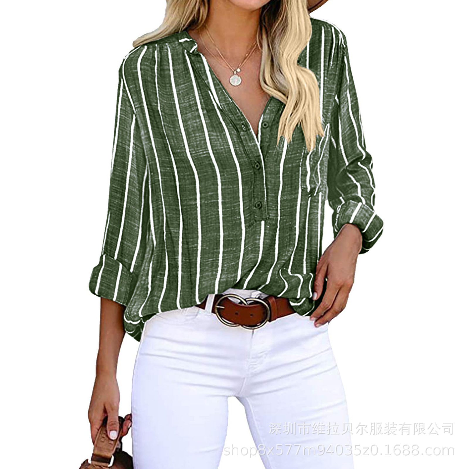 Astylish Women V Neck Striped Roll up Sleeve Button Down Blouse Tops