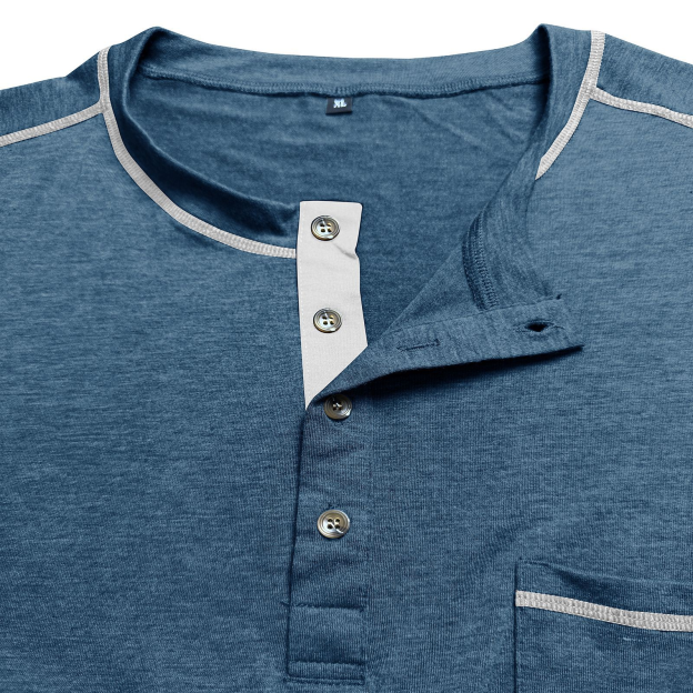 Men's Fashion Contrast-Color Short-Sleeve Henley Base Layer T-Shirt with Round Neck